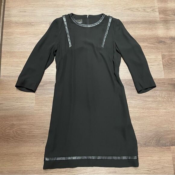 THE KOOPLES- Black Crepe Sheath Dress Vegan Leather Trim Rivets Size XS - Picture 2 of 8